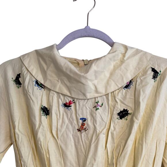 Vintage 40s 50s Butter Yellow Long Sleeve Drop Waist Embroidered Dress Sz XS - Picture 8 of 16